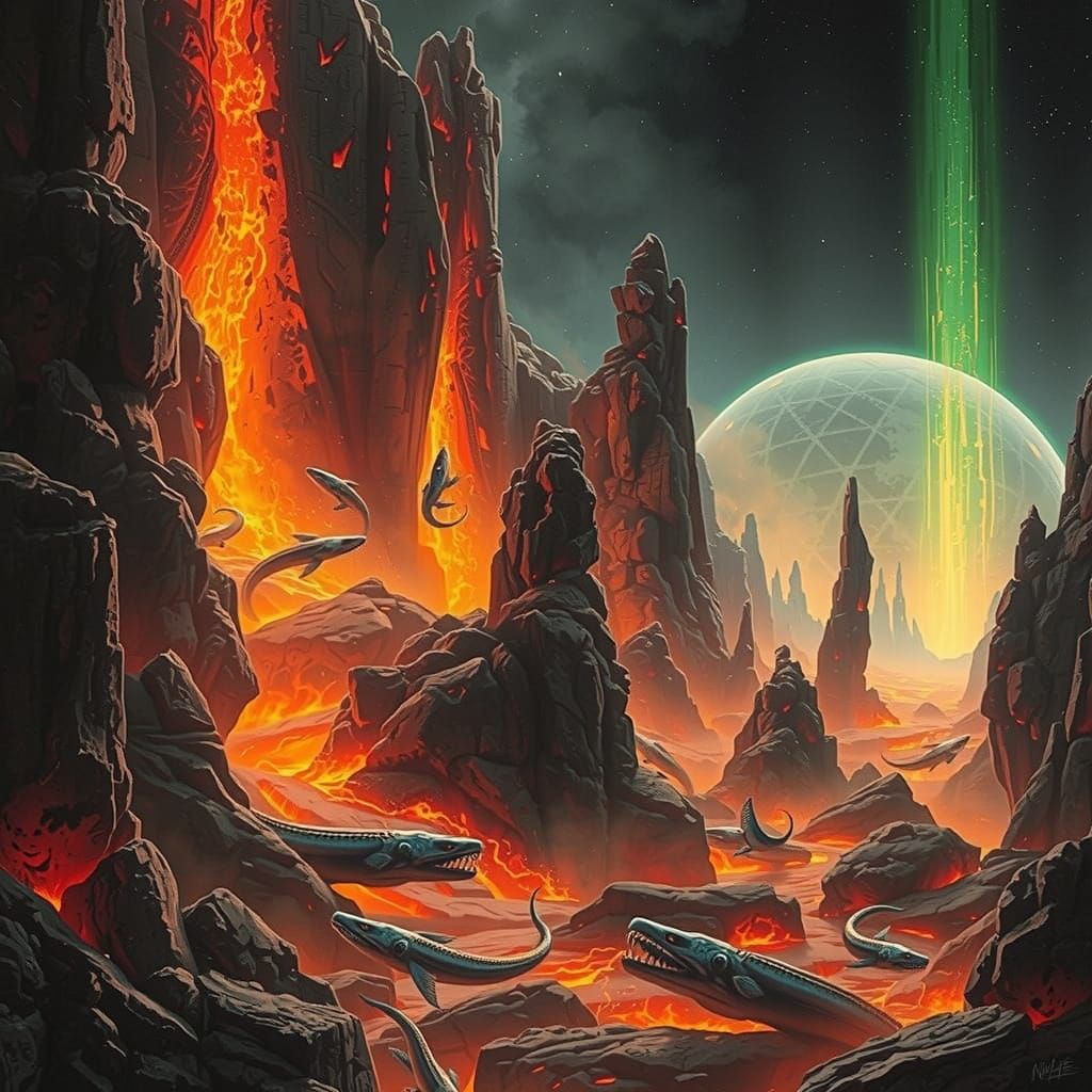 Surreal Kryptonian Landscape with Iridescent Flames and Anci...