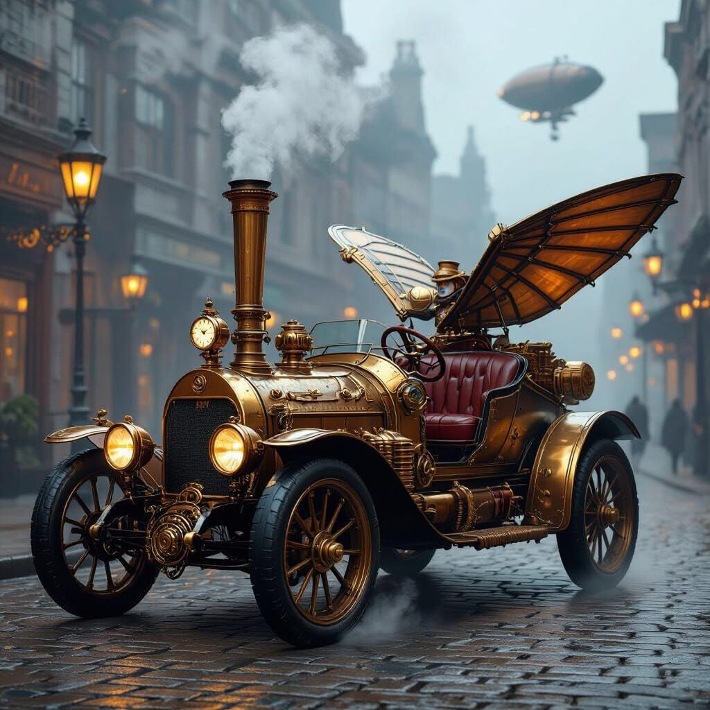 Majestic Steampunk Car in Victorian Cityscape