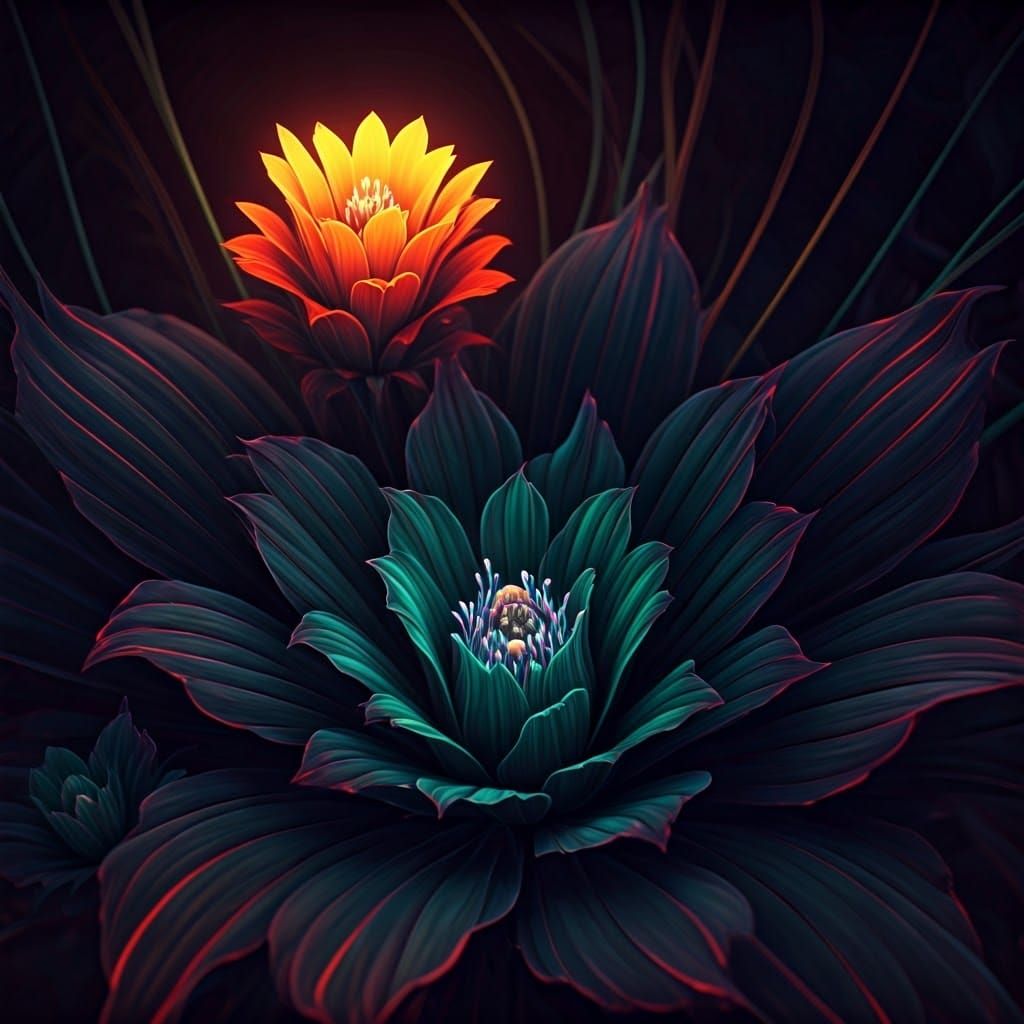 Fluorescent Flowers in Dreamlike Fantasy Landscape