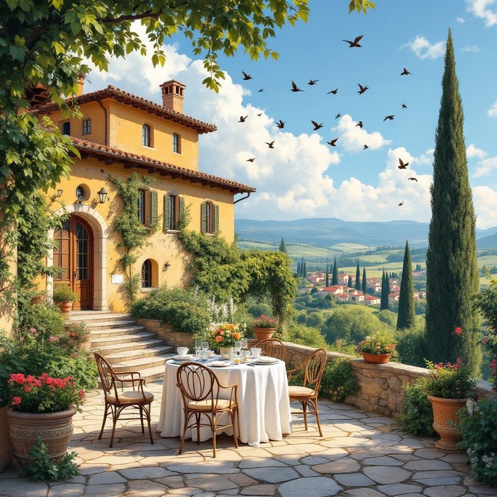 Digital portrait of a beautiful house on the Tuscan hills seen from a terrace set up with a breakfast table, swallows fl...