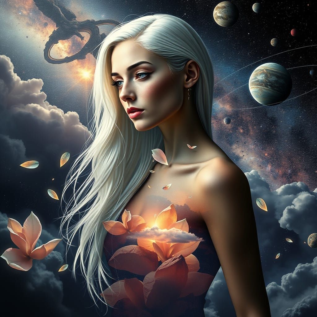 Ethereal Cosmic Goddess Amidst Celestial Landscapes and Gold...