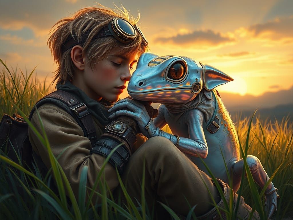 Boy and Alien Gecko: Emotional Steampunk Oil Painting