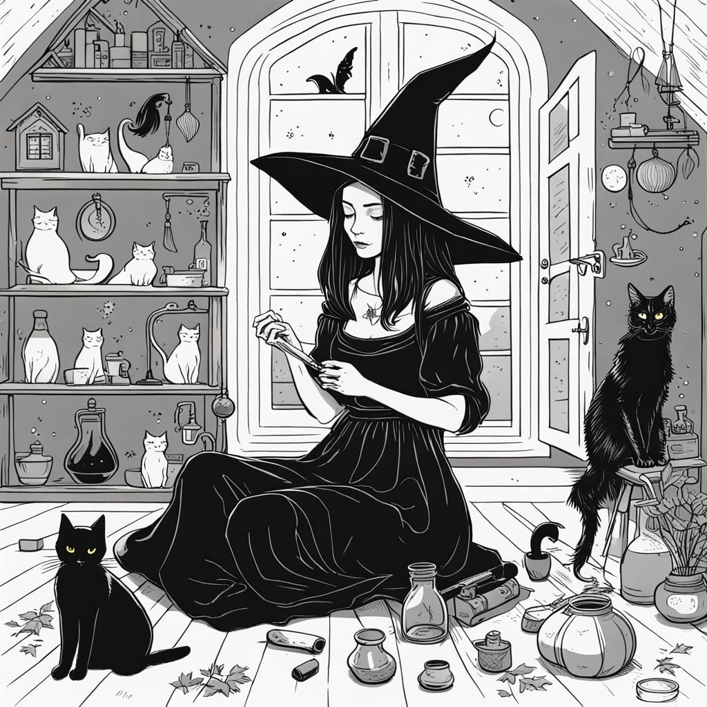 Witch and Her Black Cat in Magical Home