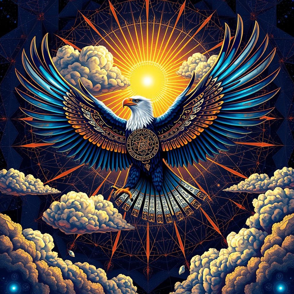 A vibrant Art Deco poster of a mystical condor soaring through a geometric sky, its wings adorned with intricate pattern...