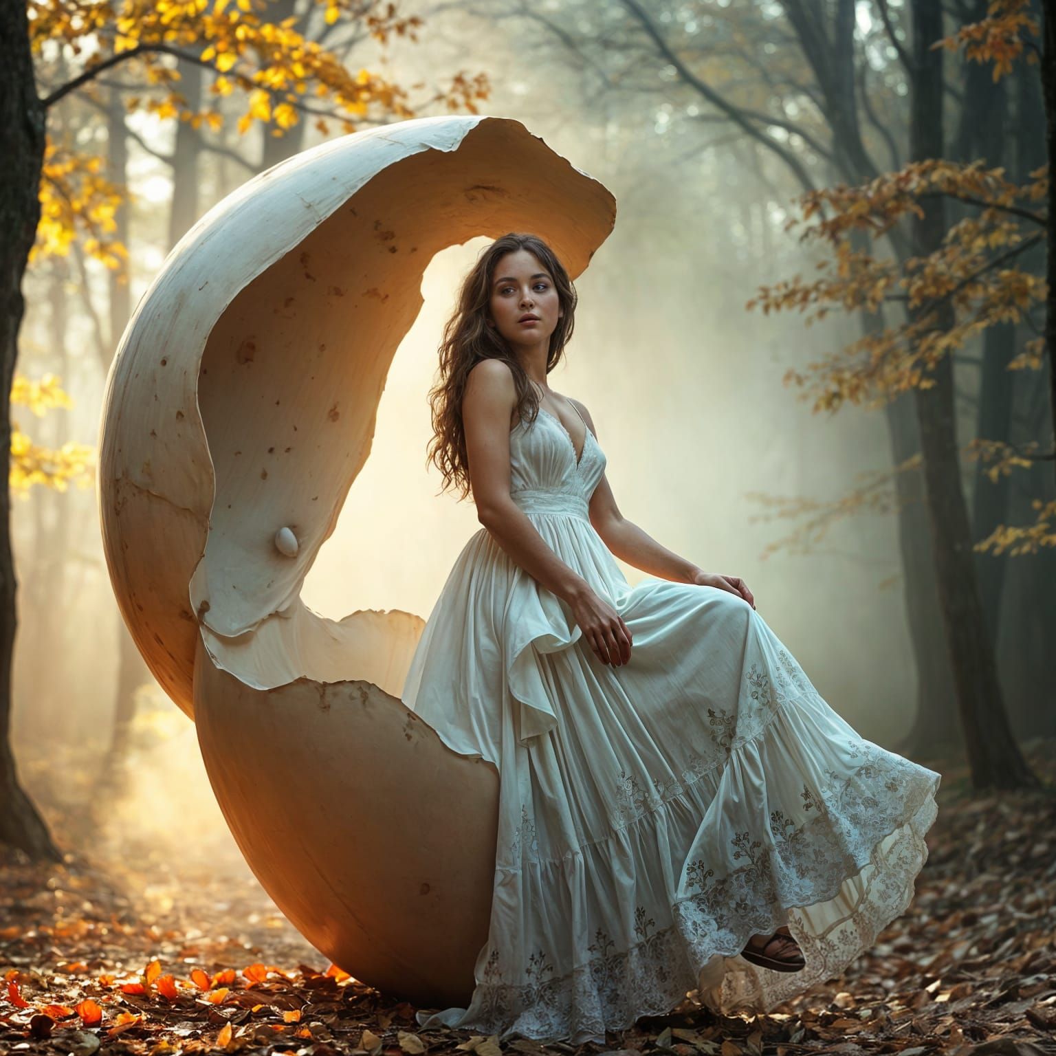 Surreal Woman Emerges from Egg in Forest Photograph