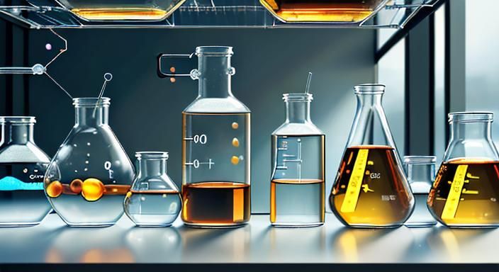 a science laboratory, jars on a shelf containing different u...