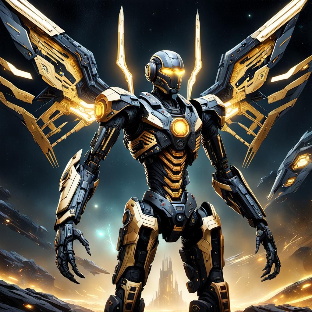 Giant Mech Warrior in Interstellar Battle, Cybernetic Sci-Fi