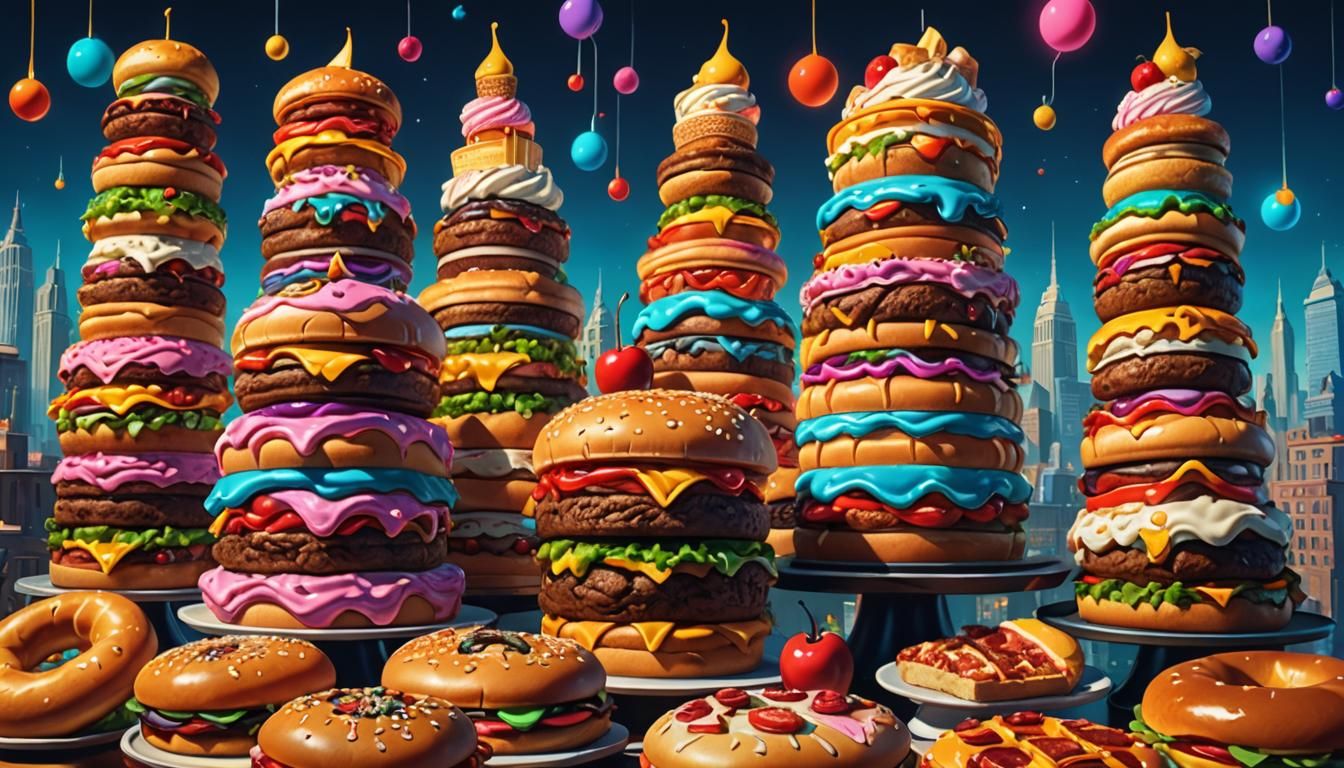 Colossal Food City: Surrealist Dreamscape in Vibrant Colors