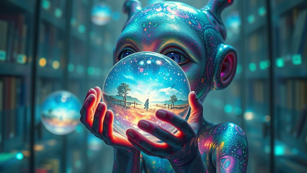 Iridescent Being with Crystal Orbs, Dreamlike Sci-Fi Art