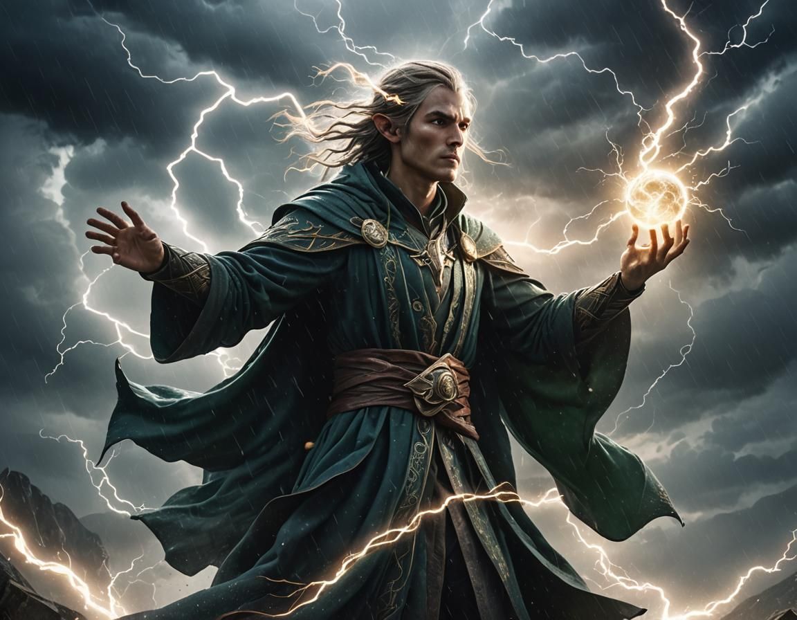 Elven Magic User Wields Lightning in Storm