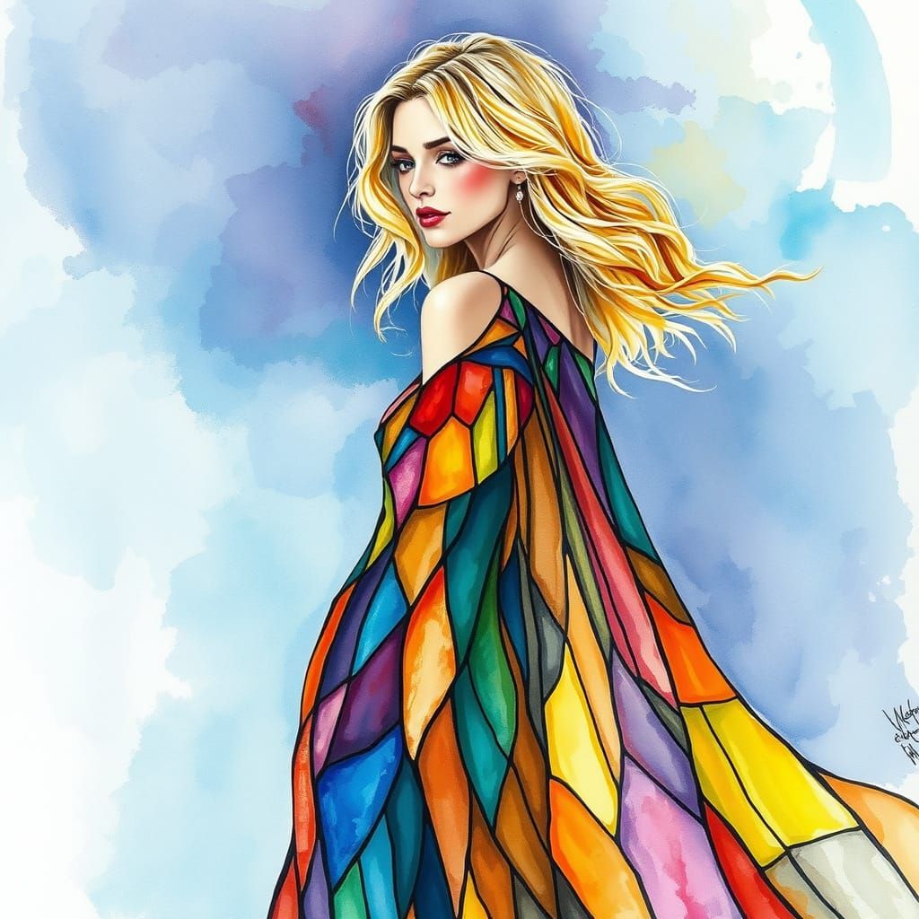 Woman in Stained Glass Gown, Watercolor and Ink Style