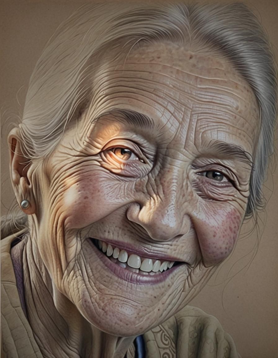 color pensil drawing of hyper realistic intricate skin texture face of a old woman smiling