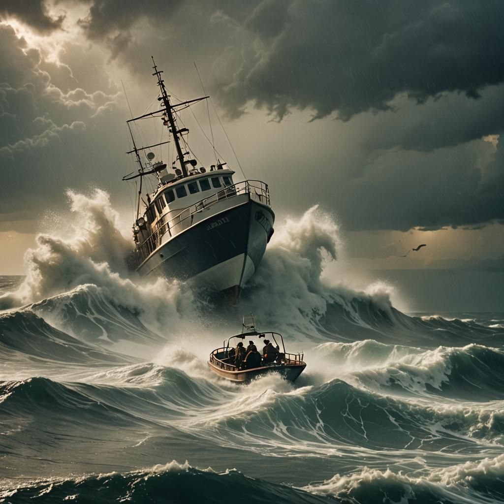 Boat Battles Shark in Epic Stormy Seas