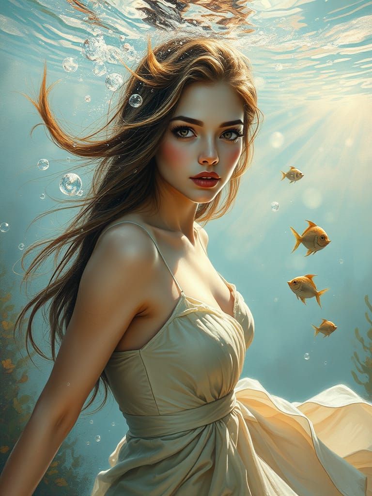 Charming Woman Underwater as Impasto Painting