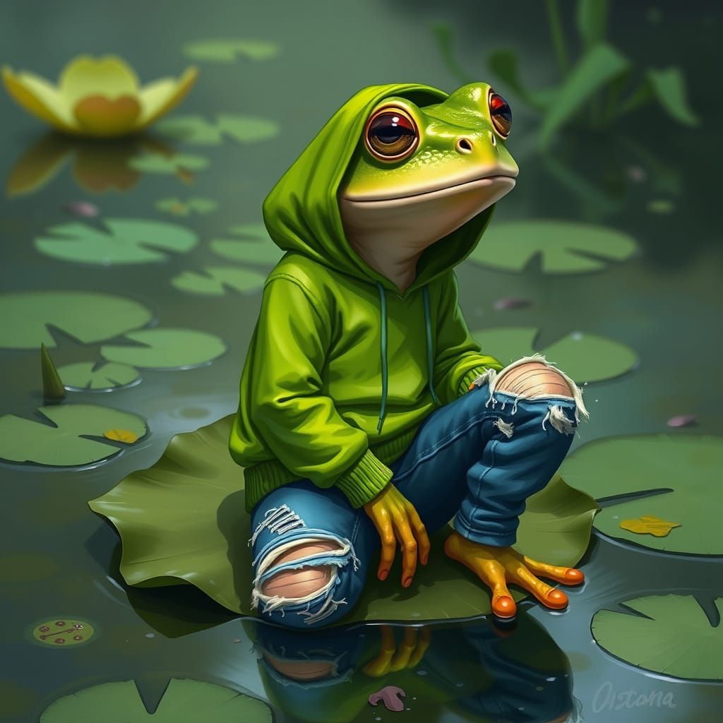 Humanoid Frog in Pond, Digital Art Style