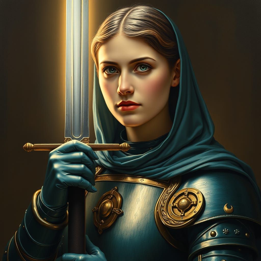 Determined Joan of Arc in Teal Armor with Sword of Light