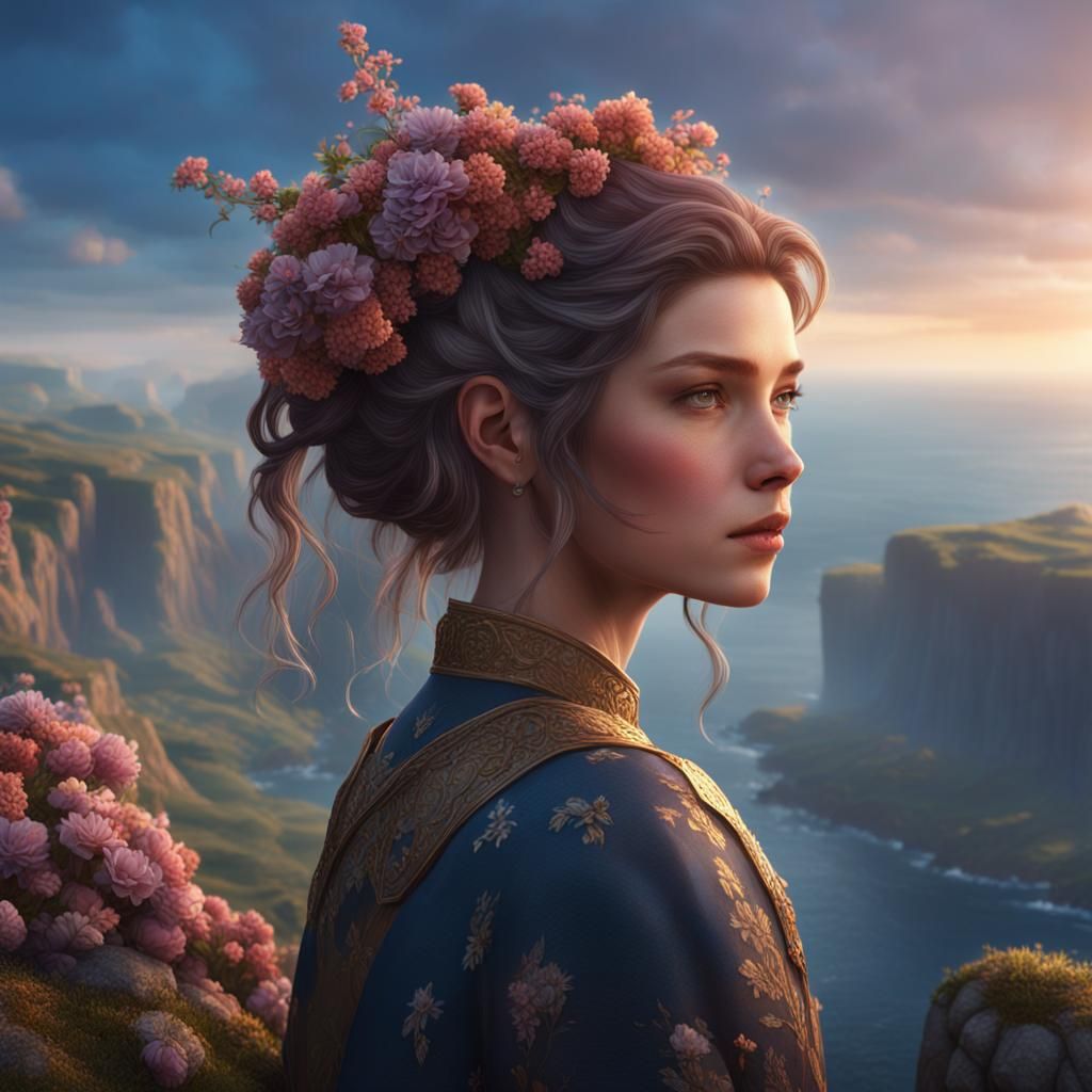 Girl with Flowers on Cliff: Fantasy Concept Art