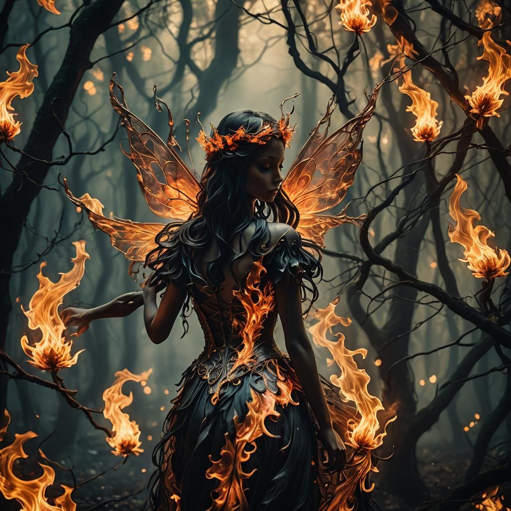 Fiery Fairy in Mystical Forest: Surreal Fantasy Art