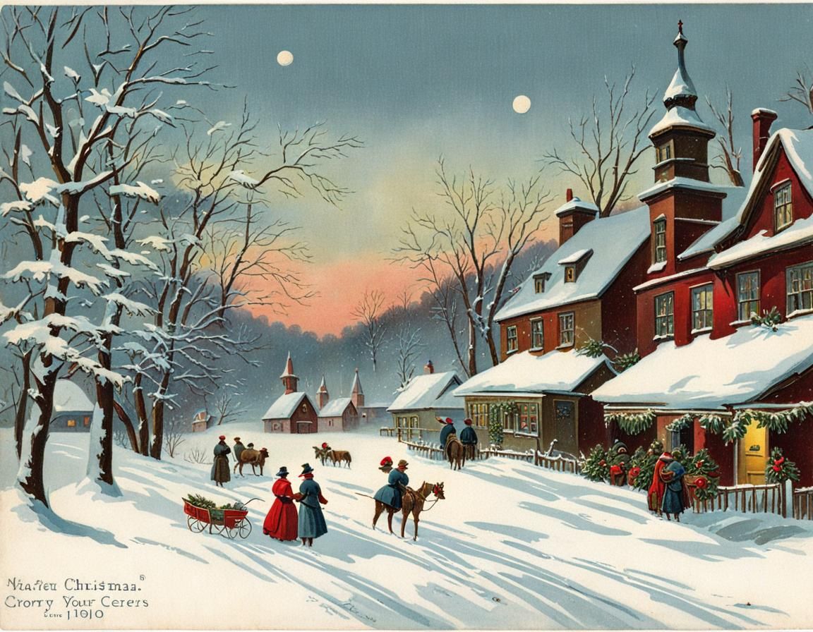 Vintage Christmas Postcard Illustration: Snowy Scene