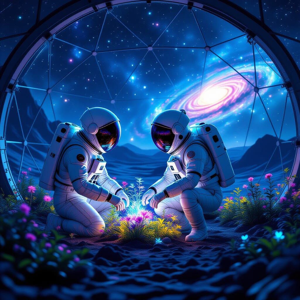 Astronaut Tends Alien Garden in Geodesic Dome