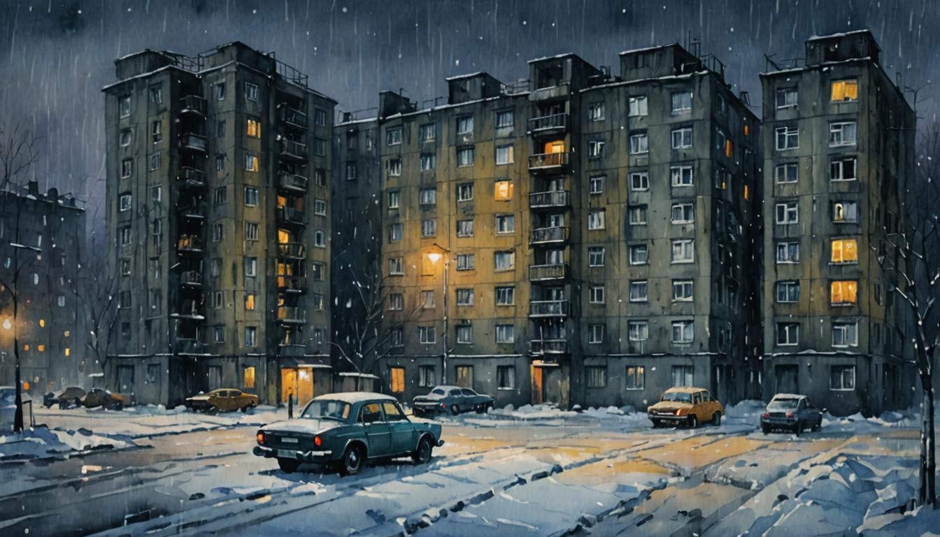 Soviet Winter Night Watercolor Cityscape