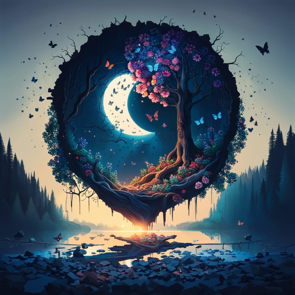 Surreal Dark Forest with Underground Waterfall