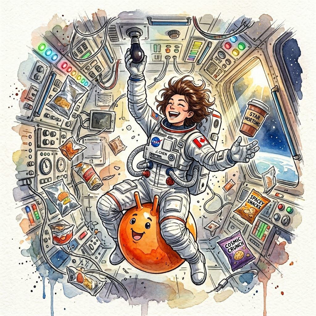 Astronaut Changing Lightbulb in Space Station