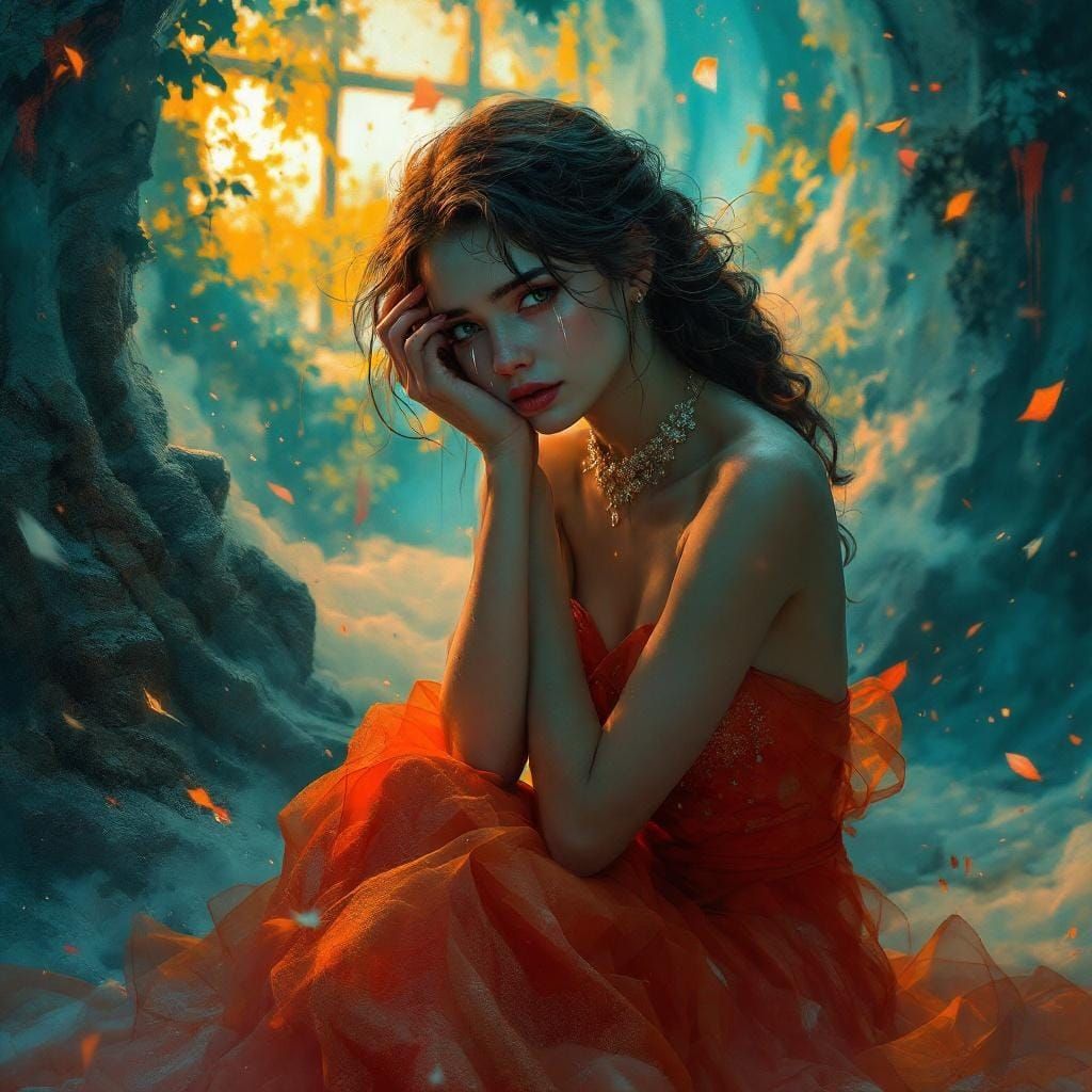 Crying Woman in Prom Dress, Hyperdetailed Concept Art