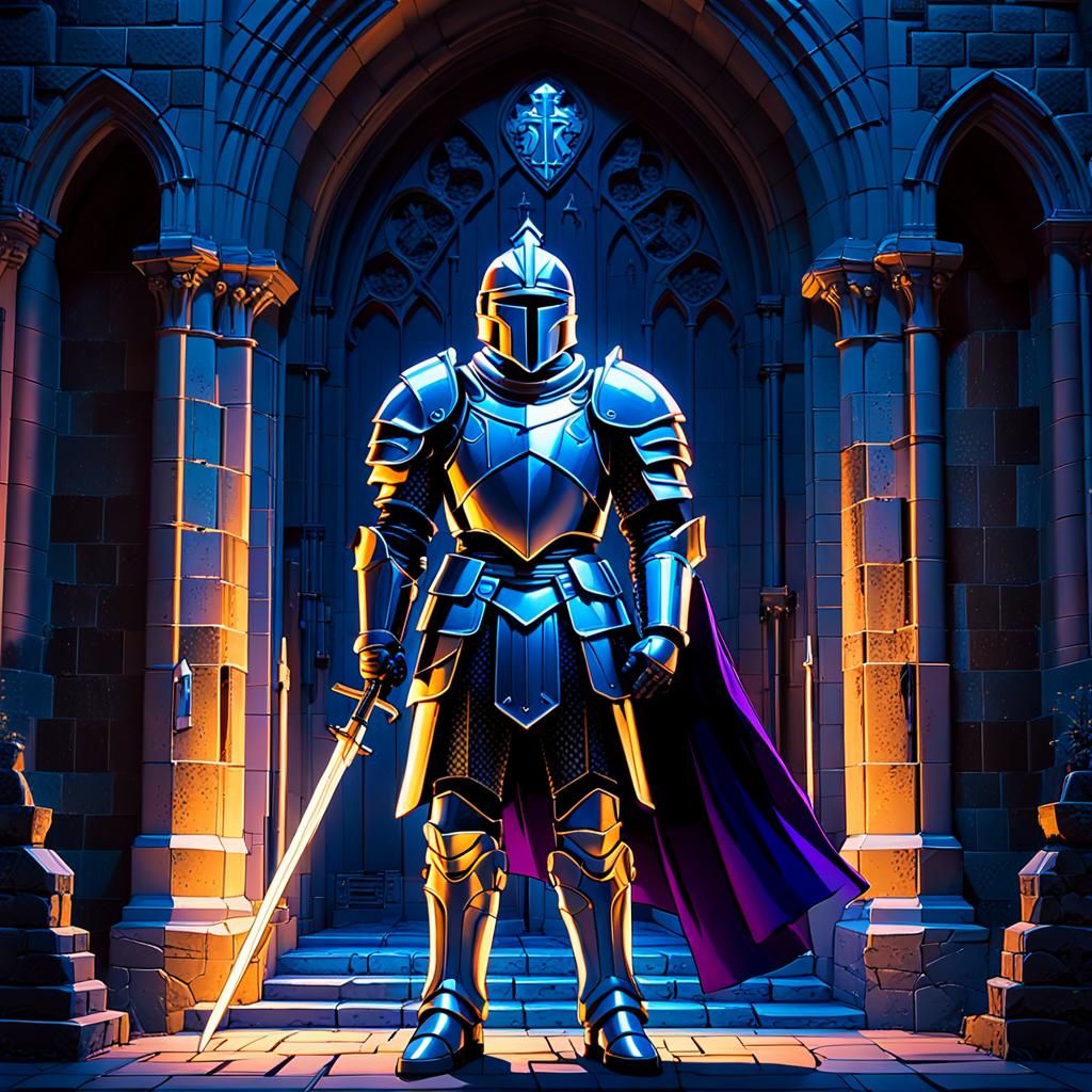 Knight Guarding Abbey Entrance in Neon Art Style