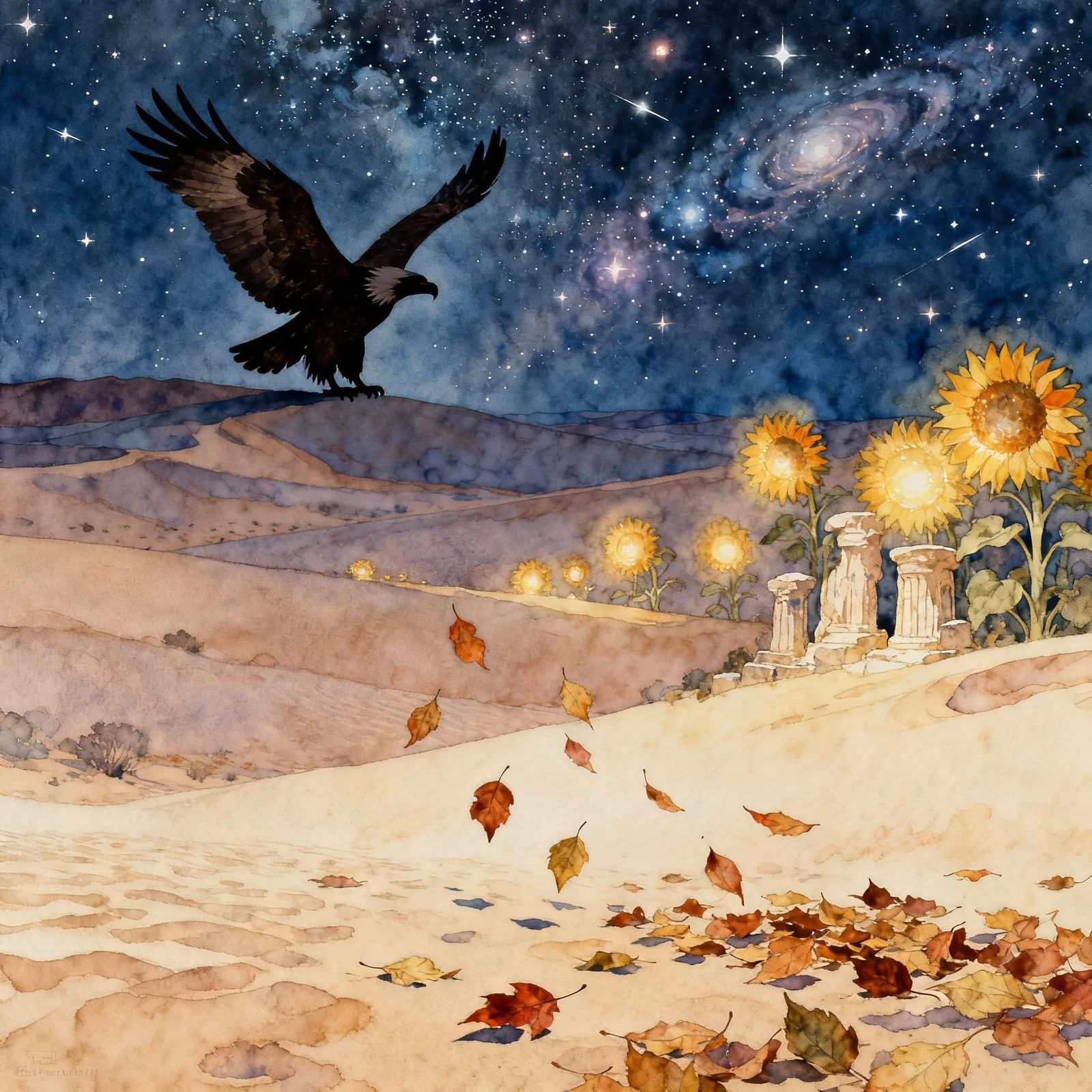 Eagle Silhouetted Against Starlit Desert Sky with Glowing Su...