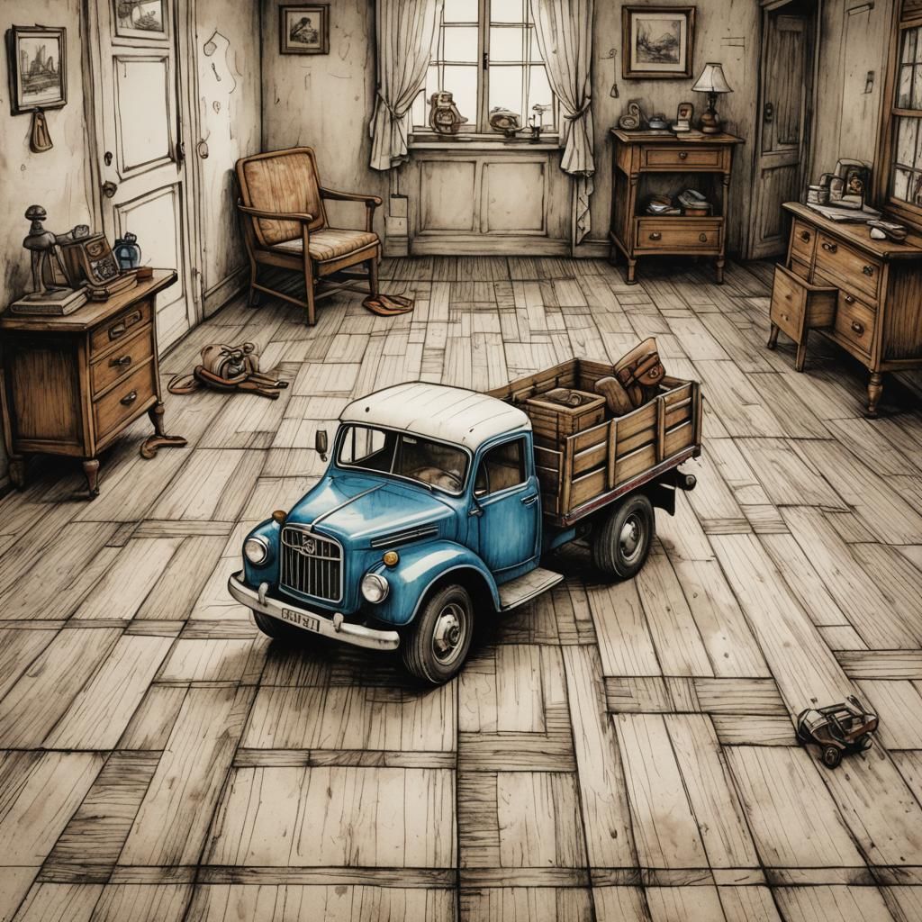 Vintage Toy Truck: Pen and Ink Crosshatch Drawing