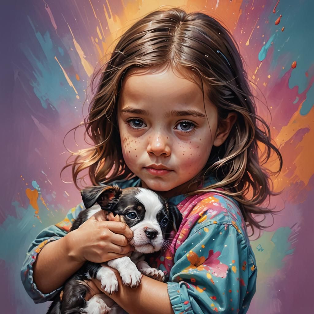 Girl with Puppy: Hyperrealistic Splash Art Portrait