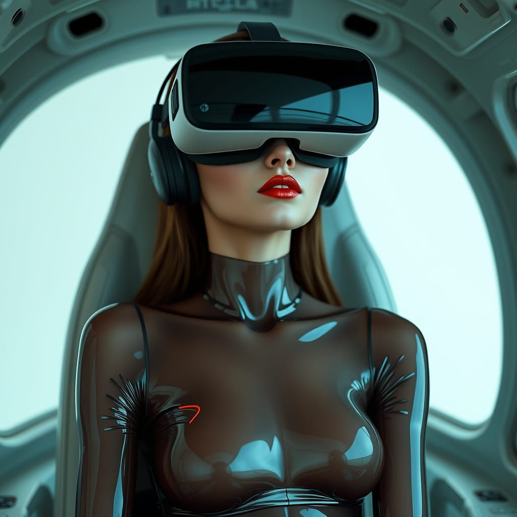 Elegant Woman in Futuristic Latex Bodysuit with VR Headset