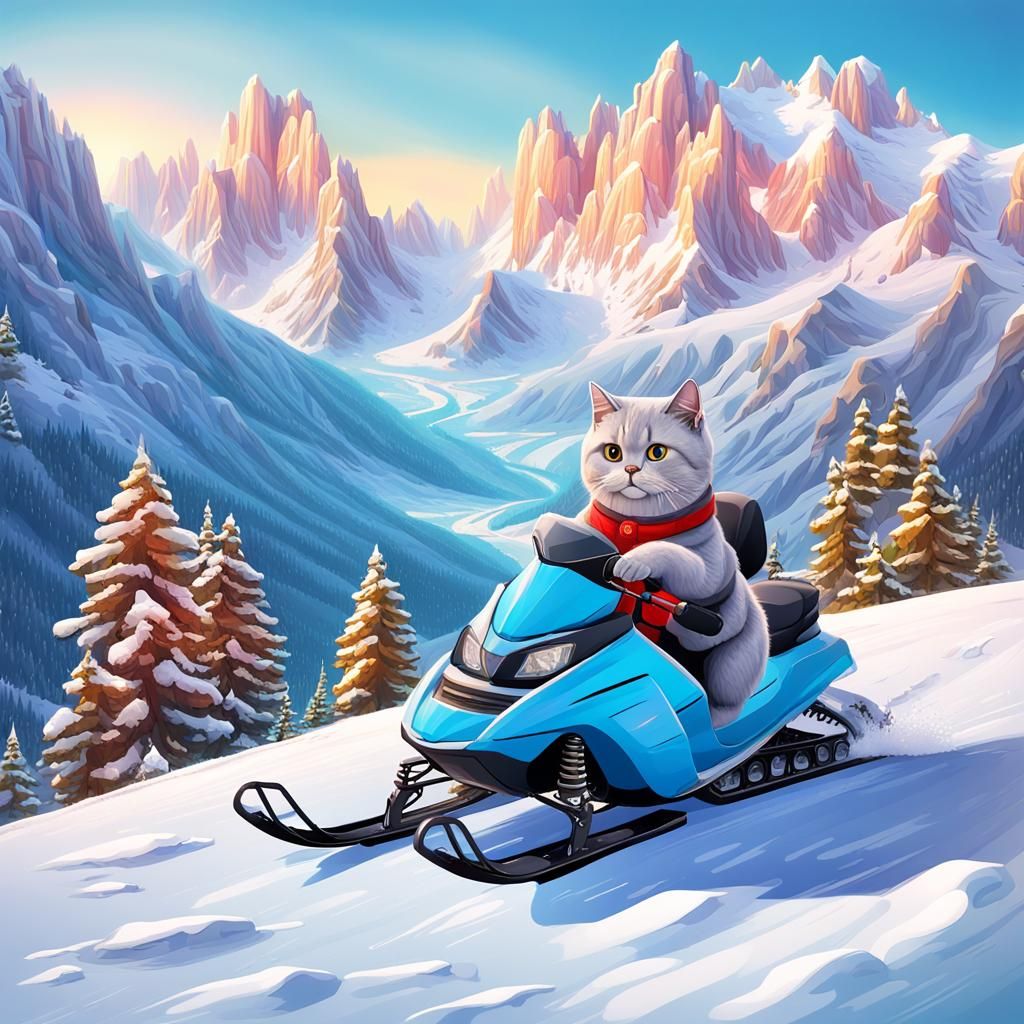 British Shorthair Cat Snowmobile in Candy Land