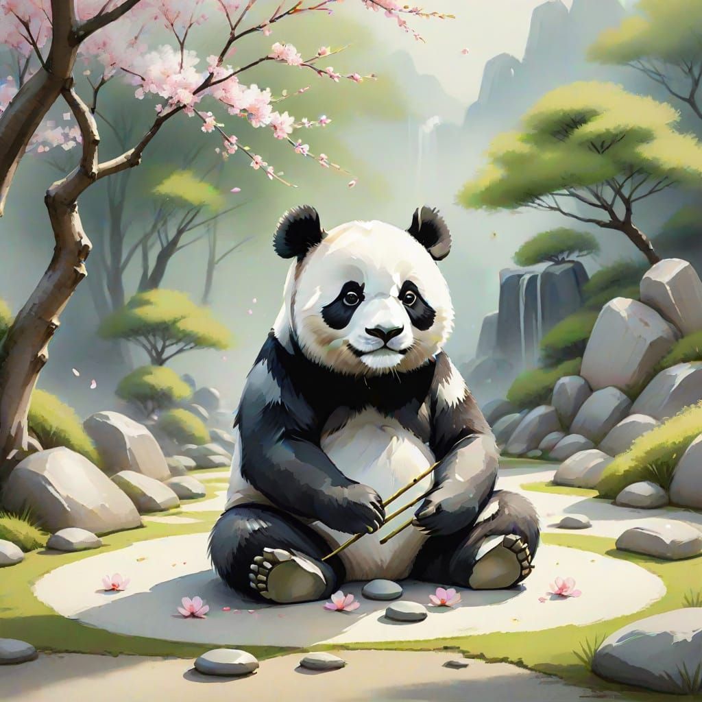 Zen Panda Meditating in Cherry Blossom Garden