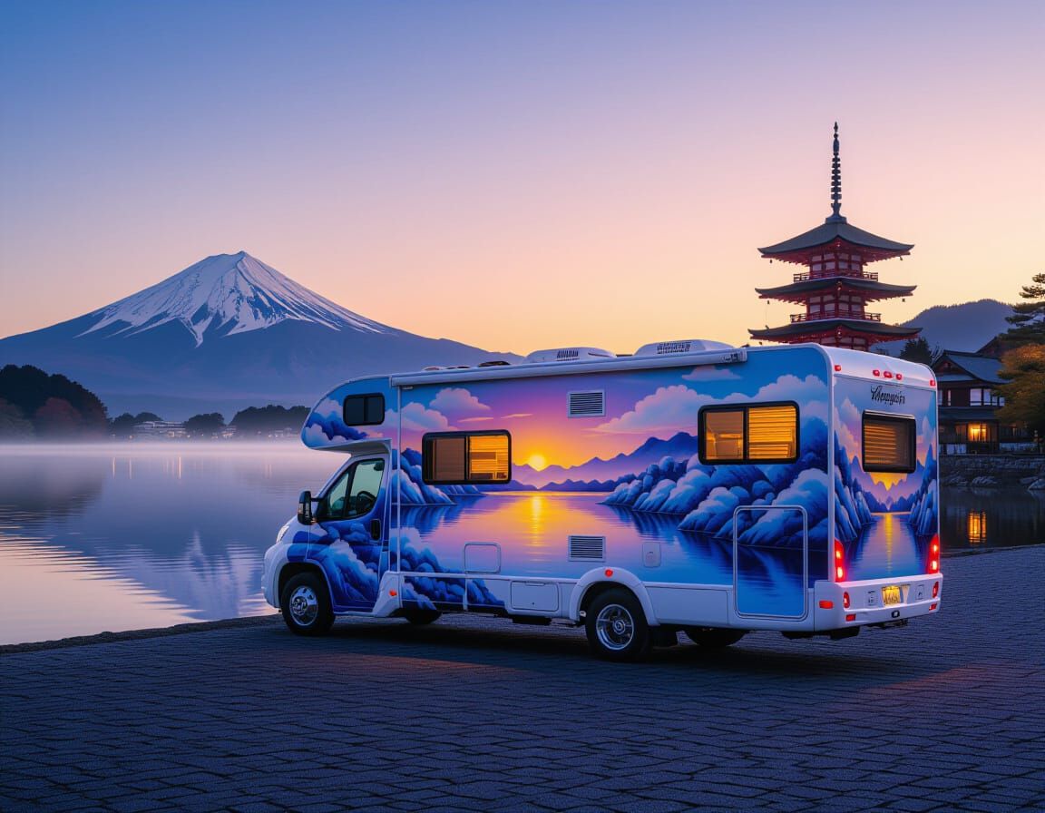 Luxury RV at Dawn on Japanese Lake in Airbrush Style