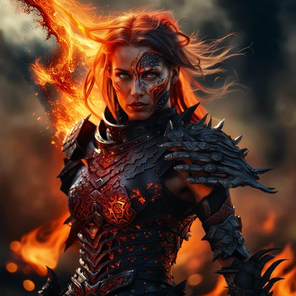 Smouldering Warrior Woman in Fiery Landscape