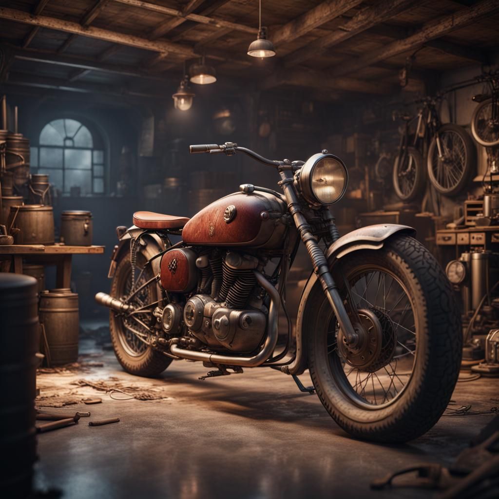 Old Motorbike in Garage: Detailed Matte Painting