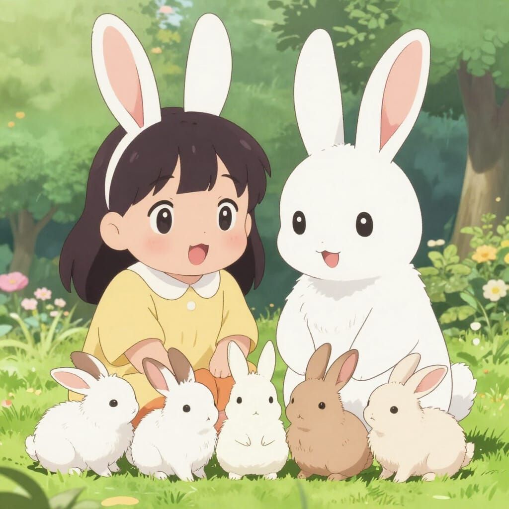Anime Rabbits: Couple and Baby Bunnies