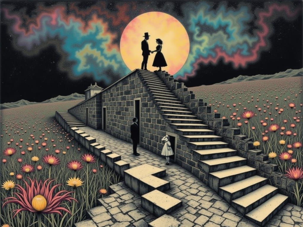 Queen of Hearts in Escher Maze, Klimt Style