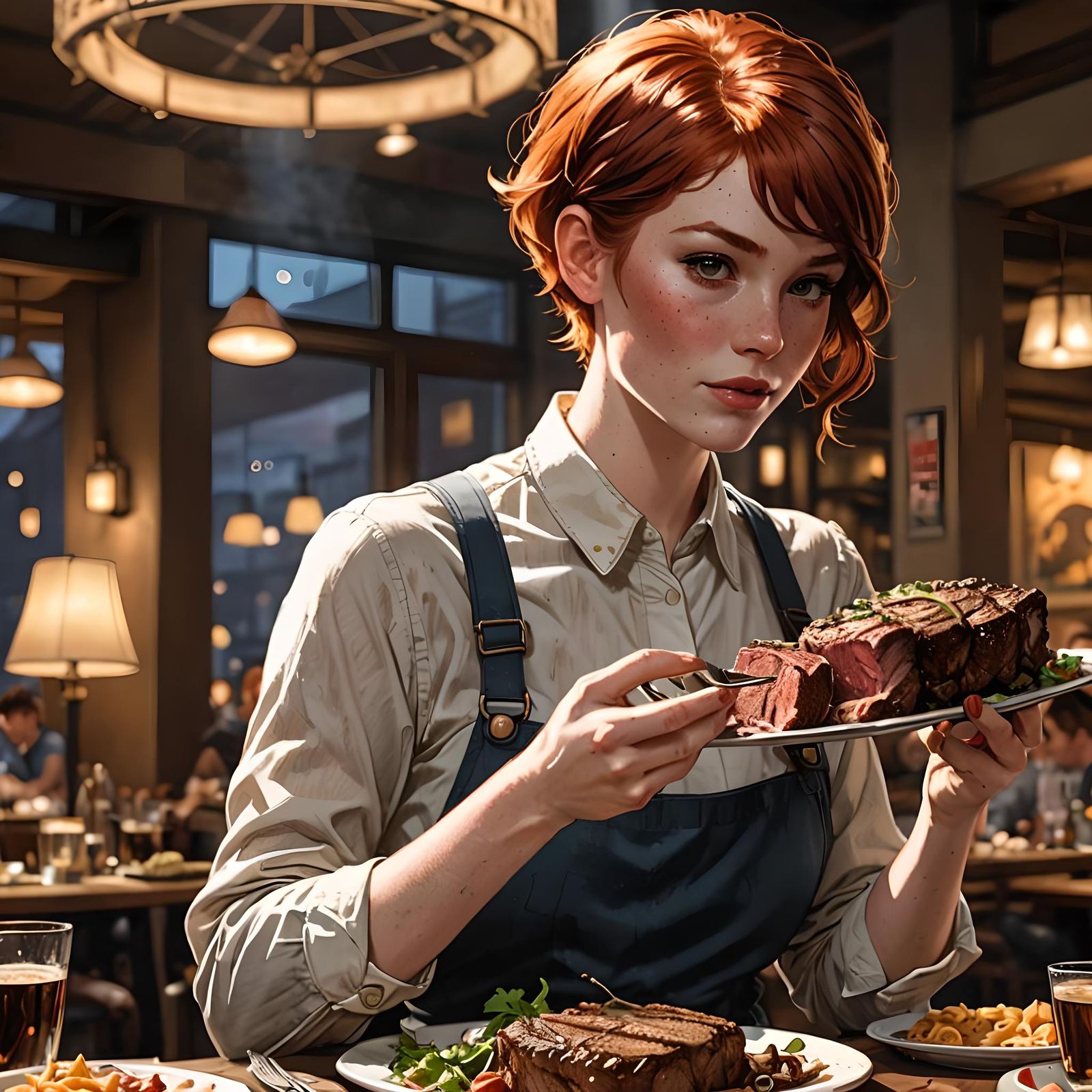Redhead Girl Eating Prime Rib in Marvel Comics Style