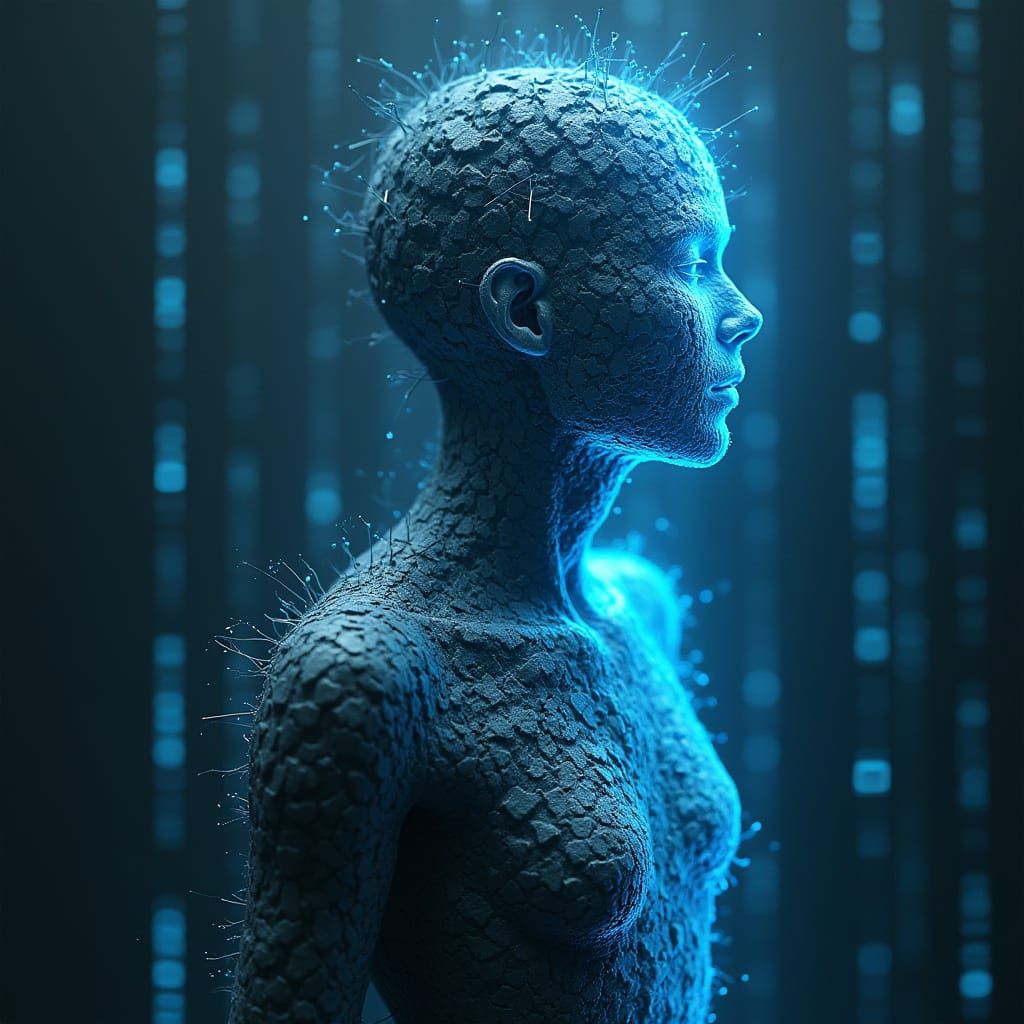 Human Figure Emerging from Digital Code in a Cyberpunk Aesth...