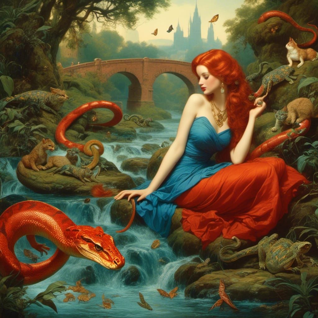 Redhead in Blue Dress in Utopian World