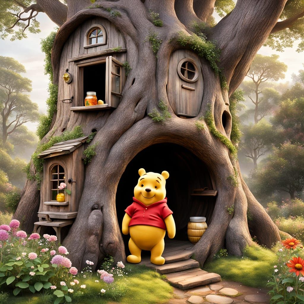 Winnie-the-Pooh in Front of Tree Hollow House with Honey