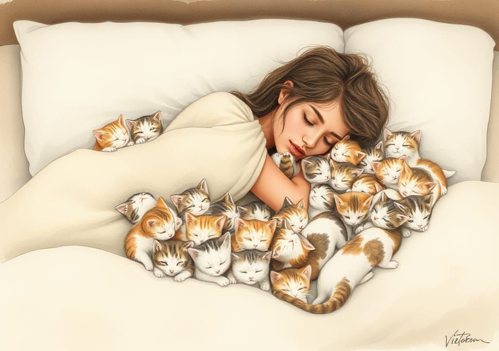 Woman Sleeping with Kittens in Watercolour Style