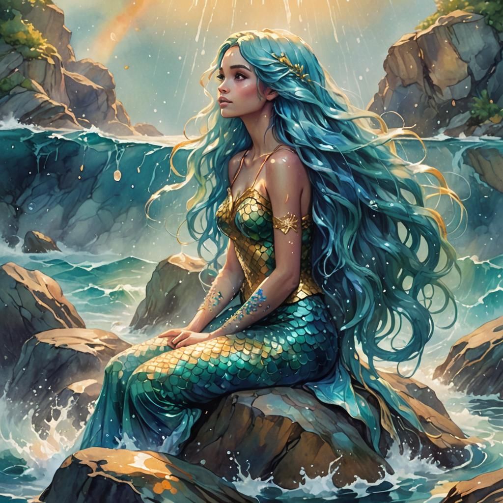 Mermaid Gazing at Rain: Vibrant Watercolor Concept Art