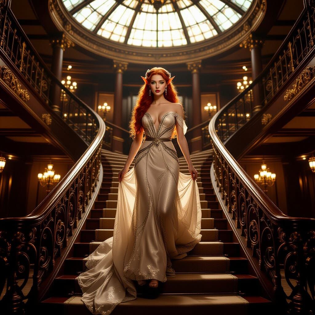 Elf Descending Titanic Grand Staircase in Cinematic Style