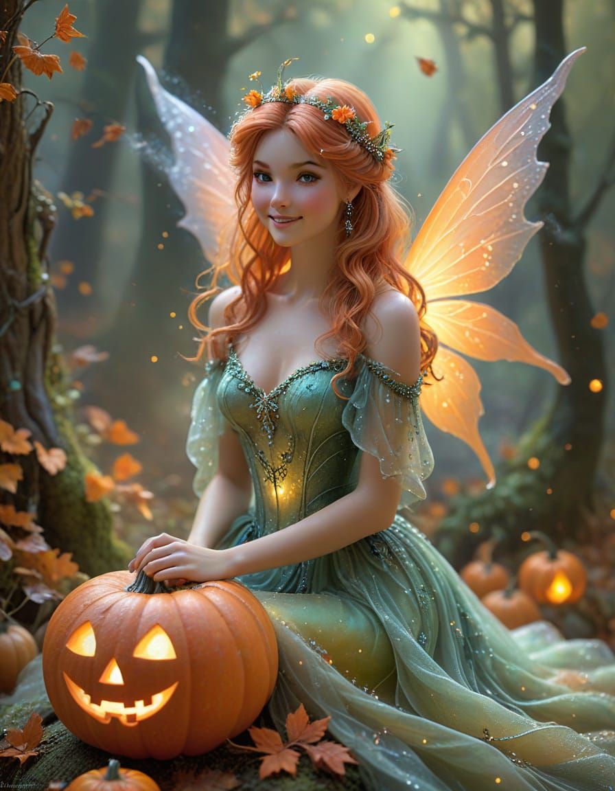 Ethereal Fairy on Jack-o-Lantern, Pastel Autumn Mist