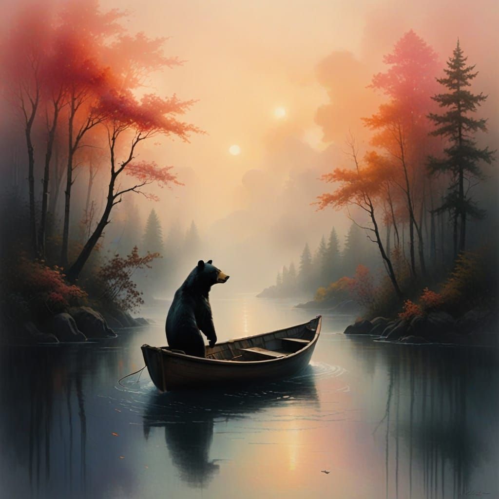 Vibrant Bear in Misty Boat Scene, Inspired by Thomas Kinkade