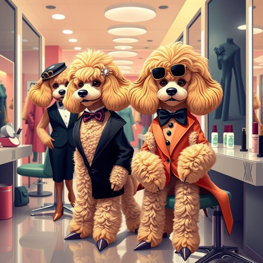 Hairstylist Poodles in Futuristic Salon